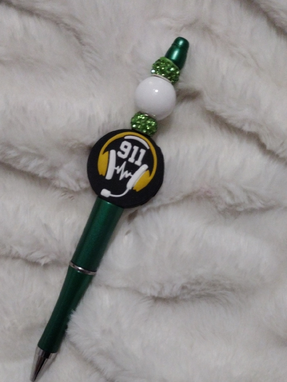 Green Beaded Pen with 911 Dispatcher Design